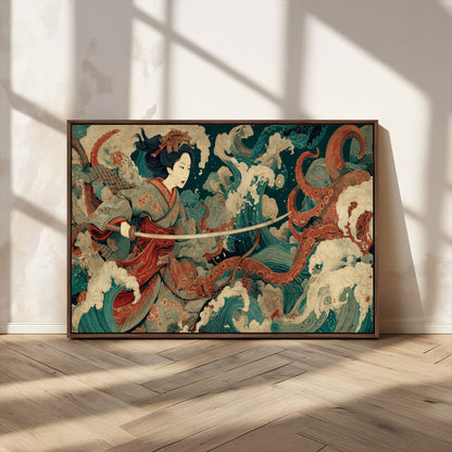 30212982-MGV-FC-36X24_Walnut-Samurai Woman vs Octopus Wall Art – Japanese Ukiyo-e Style Warrior and Sea Monster Canvas Print, Mythology Inspired Artwork for