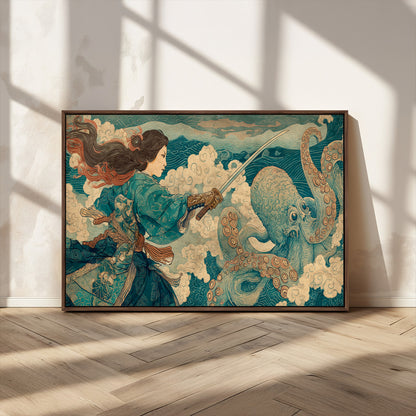 99764195-MGV-CV-36X24-Samurai vs Octopus Wall Art – Japanese Ukiyo-e Style Warrior and Sea Monster Canvas Print, Mythology Inspired Artwork for Living