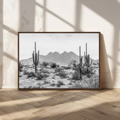 97436PHN-MGV-CV-36X24-Desert Landscape Wall Art – Black and White Cactus and Mountain Canvas Print, Southwestern Nature Photography for Living Room,