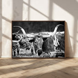 15425553-MGV-CV-36X24-Western Wall Art – Longhorn Cattle Black and White Canvas Print, Rustic Ranch Photography Decor for Bedroom, Living Room, Office,