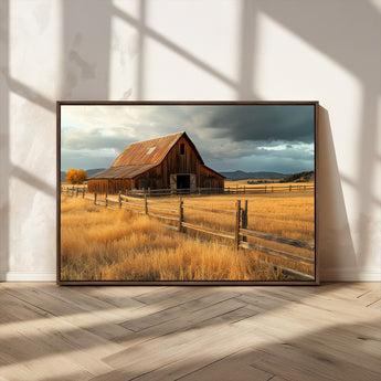 16480179-MGV-CV-36X24-Farmhouse Wall Art – Rustic Barn and Golden Field Canvas Print, Country Landscape Photography Decor for Bedroom, Living Room,