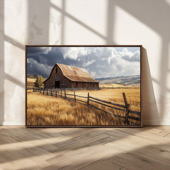 23718739-MGV-CV-36X24-Farmhouse Wall Art – Rustic Barn and Golden Wheat Field Canvas Print, Country Landscape Photography Decor for Bedroom, Living