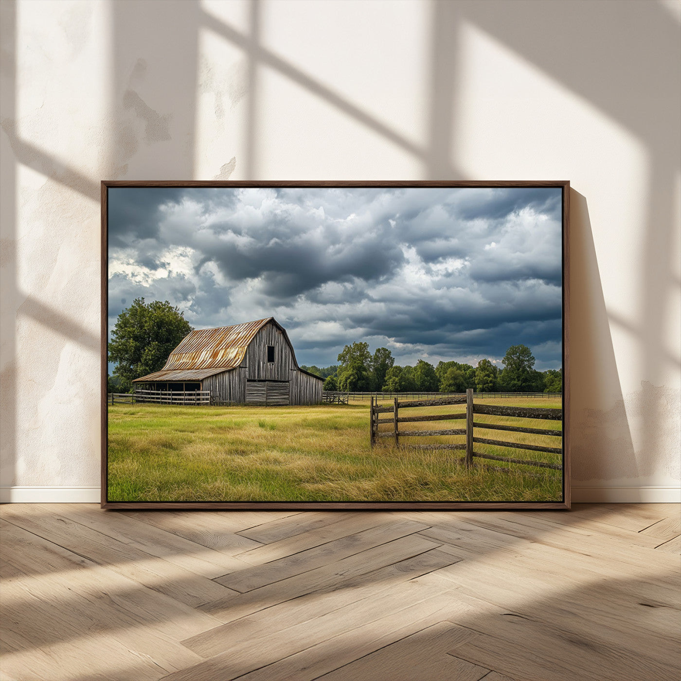 39409517-MGV-CV-36X24-Rustic Barn Wall Art – Weathered Farmhouse and Storm Clouds Canvas Print, Country Landscape Photography Decor for Bedroom, Living