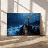 48300530-MGV-CV-36X24-Dark Stormy Pier Canvas Wall Art – Moody Ocean Night Scene with Street Lamps, Blue Coastal Seascape Print for Bedroom, Office, or