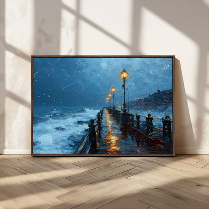 93793246-MGV-FC-36X24_Walnut-Stormy Night Pier Canvas Wall Art – Moody Ocean Landscape with Lights, Blue Coastal Seascape Print for Bedroom, Living Room,