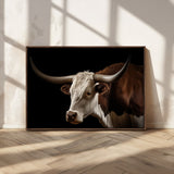 27414857-MGV-CV-36X24-Texas Longhorn Bull Canvas Wall Art – Rustic Western Farmhouse Decor, Brown & White Cow Portrait, Animal Print for Ranch Home