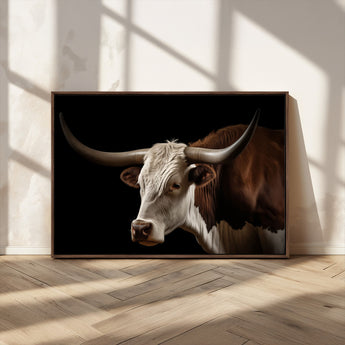 27414857-MGV-CV-36X24-Texas Longhorn Bull Canvas Wall Art – Rustic Western Farmhouse Decor, Brown & White Cow Portrait, Animal Print for Ranch Home
