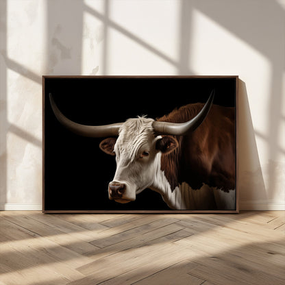 27414857-MGV-CV-36X24-Texas Longhorn Bull Canvas Wall Art – Rustic Western Farmhouse Decor, Brown & White Cow Portrait, Animal Print for Ranch Home