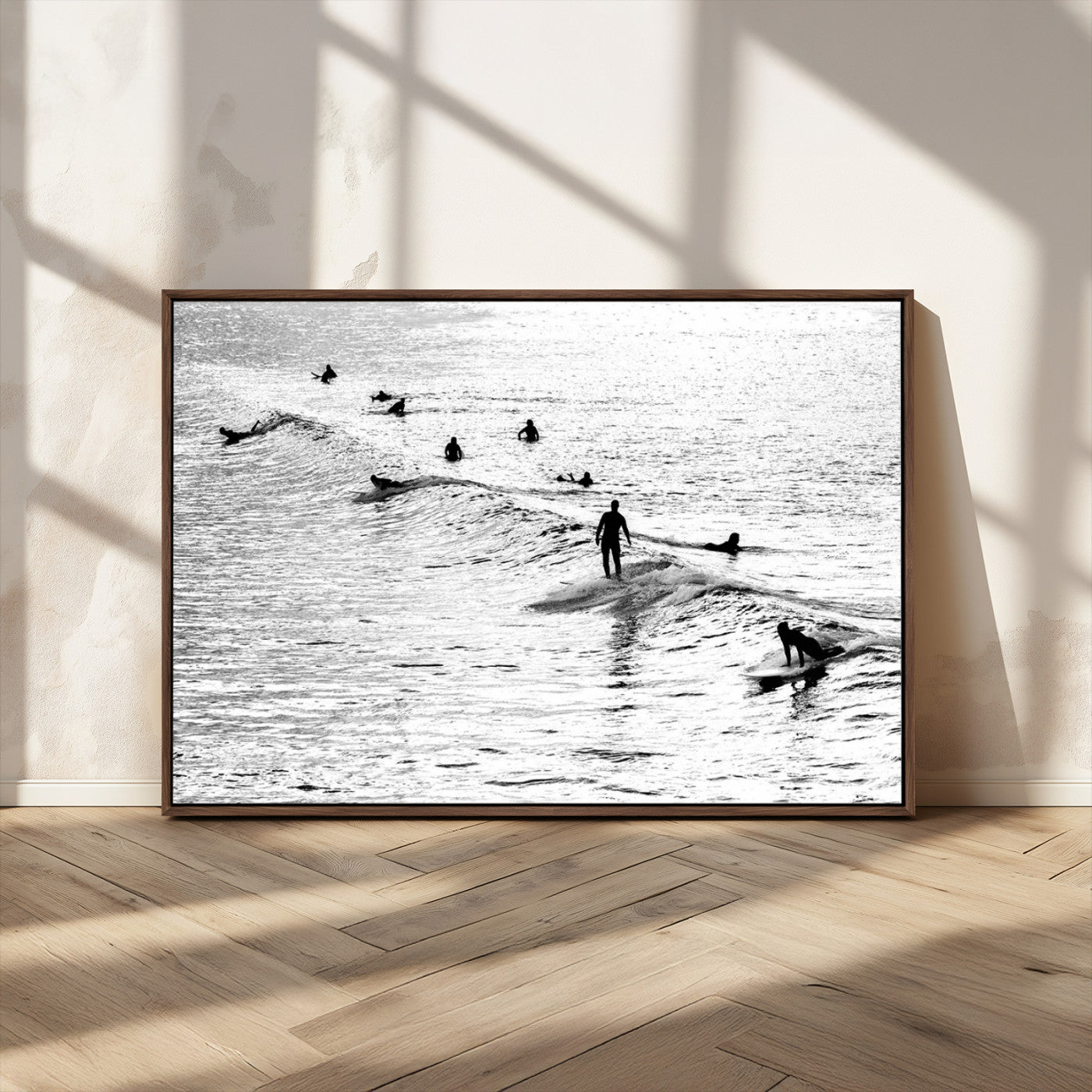 68018616-MGV-CV-36X24-Black and White Surf Photography Print – Minimalist Ocean Wall Art, Surfers Riding Waves, Coastal Beach Decor for Modern Home or