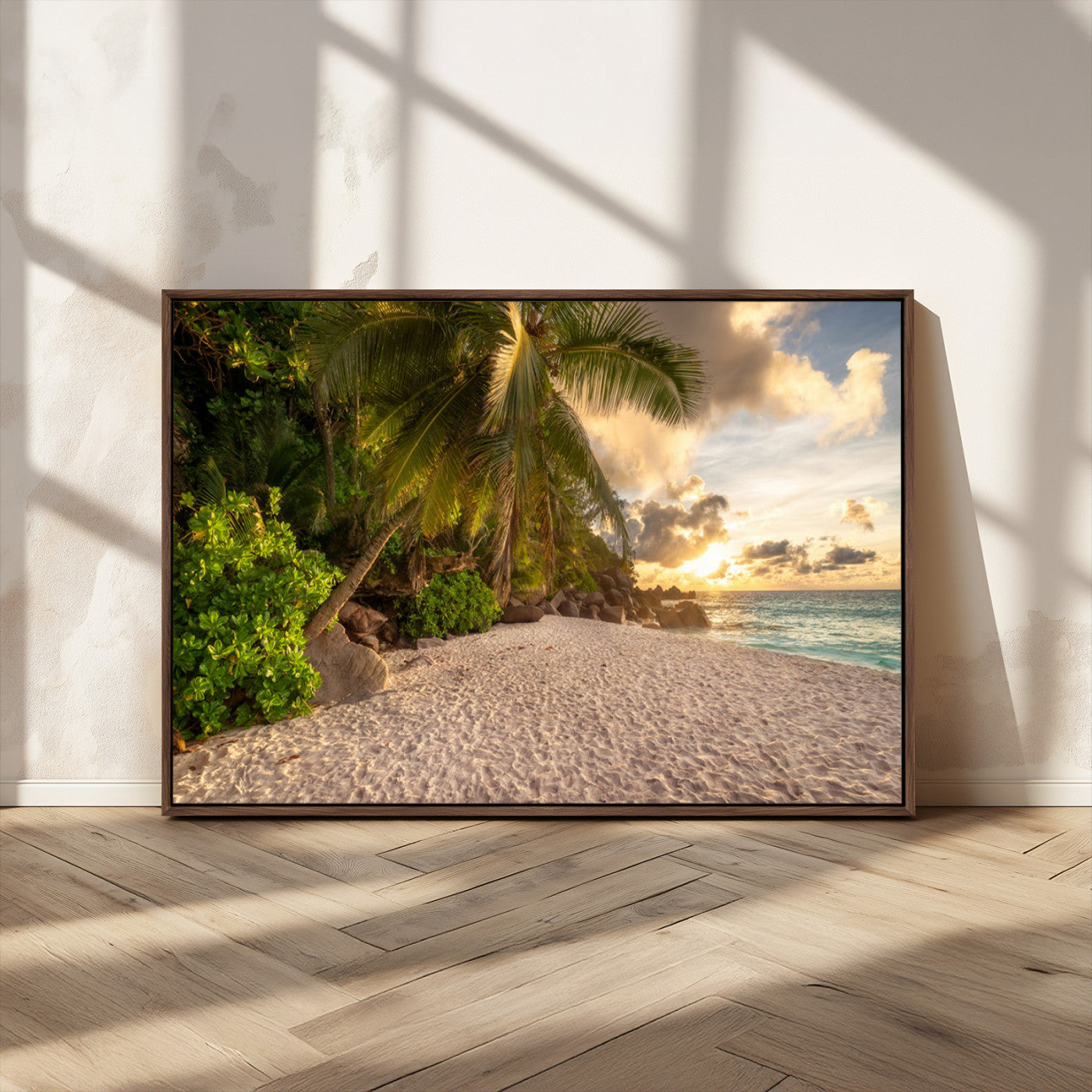 89531159-MGV-CV-36X24-Tropical Beach Sunset Canvas Wall Art – Palm Trees Golden Sand Ocean Waves Coastal Paradise Print for Beach House Bedroom Bathroom