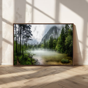 93123937-MGV-CV-36X24-Landscape Wall Art – Misty Mountain Lake Canvas Print, Tranquil Forest and Waterfall Photography Decor for Bedroom, Living Room,