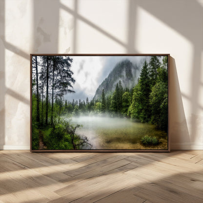 93123937-MGV-CV-36X24-Landscape Wall Art – Misty Mountain Lake Canvas Print, Tranquil Forest and Waterfall Photography Decor for Bedroom, Living Room,