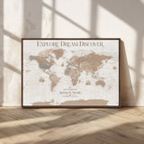 56148717-MGV-CV-36X24-Personalized World Map Wall Art – Neutral Beige & Brown Vintage Adventure Travel Map with Custom Couple Names, Classic Wall Decor