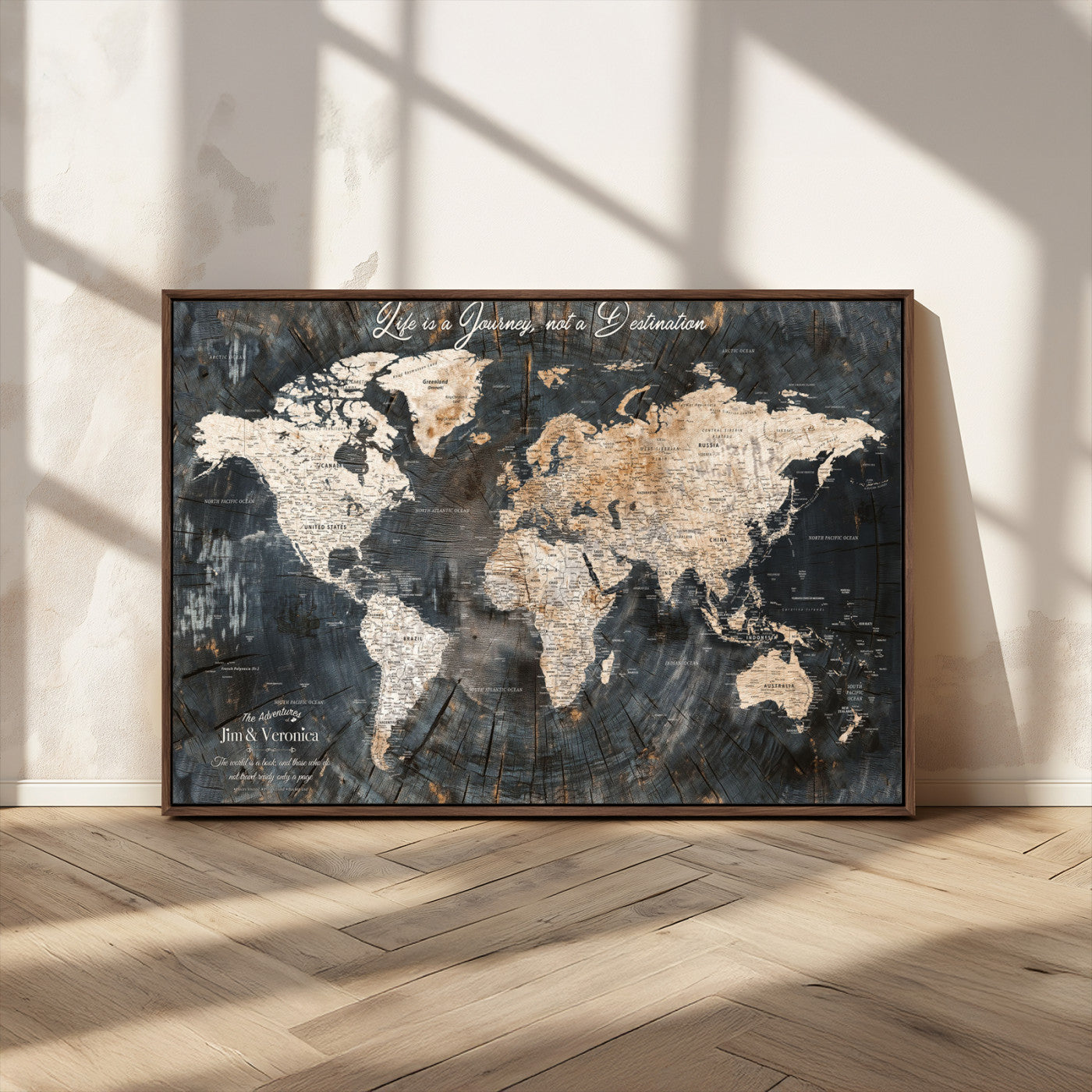 55548943-MGV-CV-36X24-Personalized World Map Wall Art – Rustic Wood Texture Adventure Travel Map with Custom Couple Names, Vintage Dark Wall Decor for