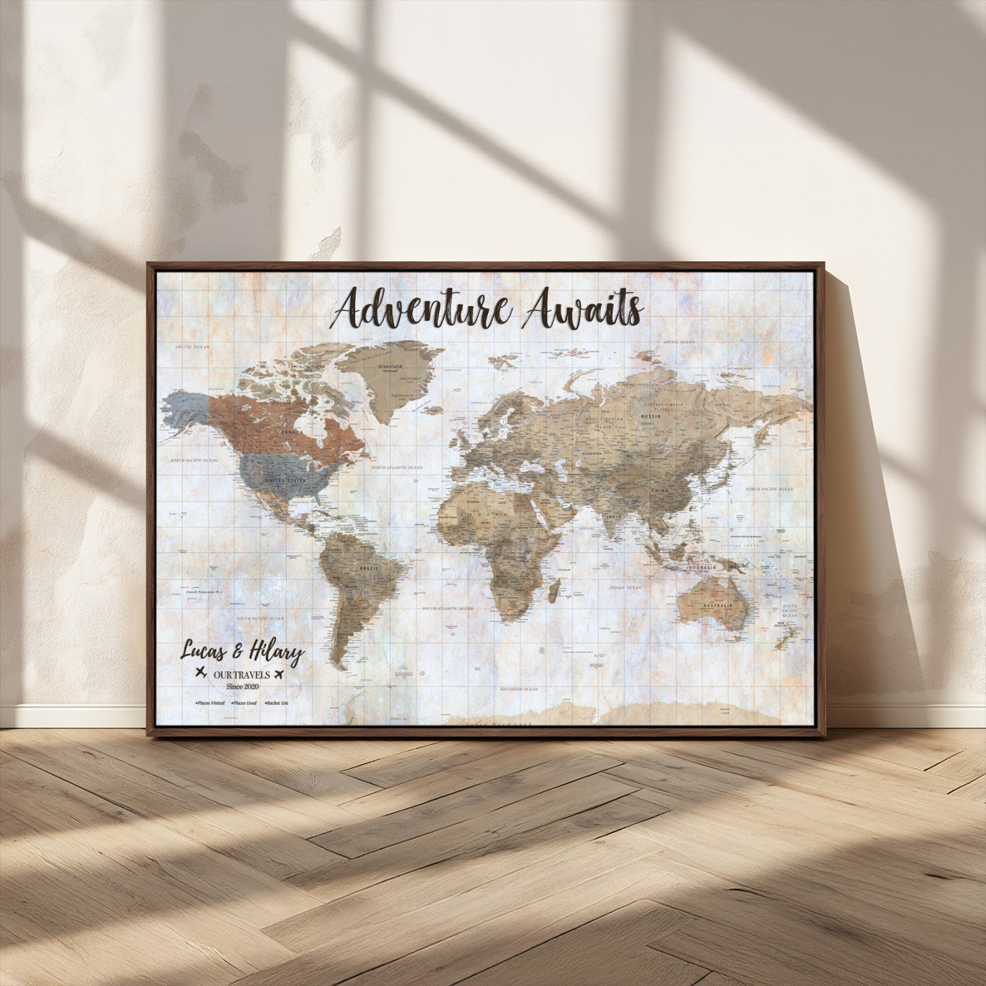30792405-MGV-CV-36X24-Personalized World Map Wall Art – Rustic Beige Adventure Travel Map with Custom Couple Names, Vintage Wall Decor for Home or