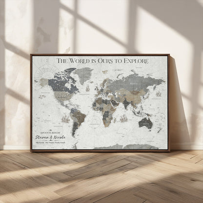 97082026-MGV-CV-36X24-Personalized World Map Wall Art – Vintage Gray Adventure Travel Map with Custom Couple or Family Names, Rustic Wall Decor for Home