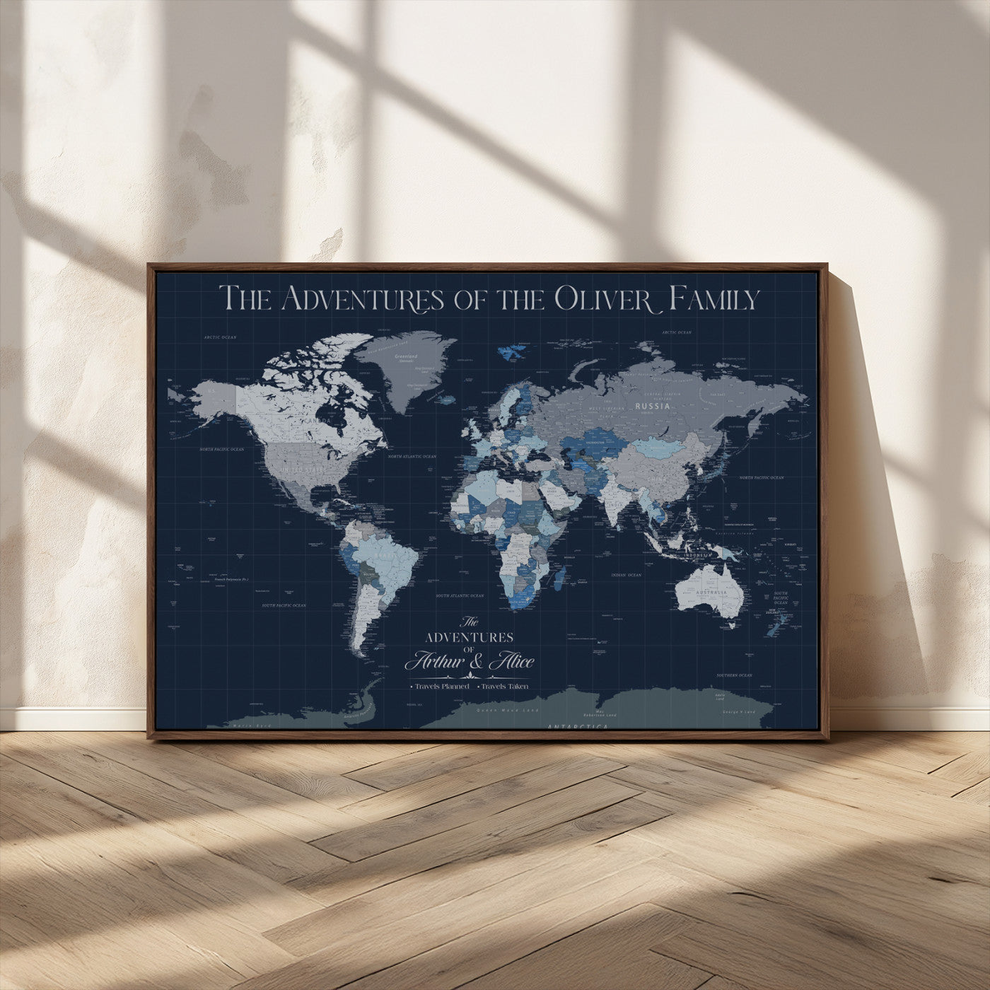 76726424-MGV-CV-36X24-Personalized World Map Wall Art – Navy Blue & Grey Adventure Travel Map with Custom Family or Couple Names, Modern Wall Decor for