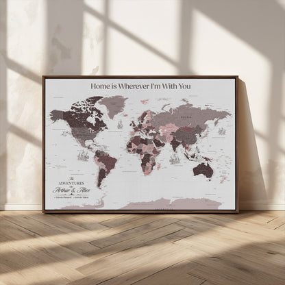 33204797-MGV-FC-36X24_Walnut-Personalized World Map Wall Art – Burgundy & Grey Adventure Travel Map with Custom Names, Romantic Wall Decor for Couples, Home or