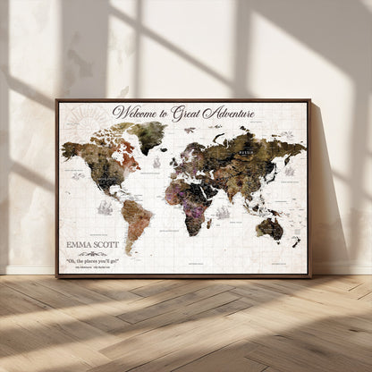 33631532-MGV-CV-36X24-Personalized World Map Wall Art – Dark Vintage Adventure Travel Map with Custom Names, Rustic Wall Decor for Couples, Home or