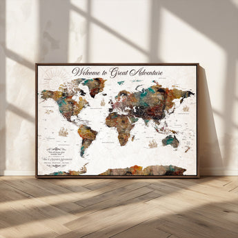 67029173-MGV-CV-36X24-Personalized World Map Wall Art – Colorful Vintage Adventure Travel Map with Custom Couple Names, Rustic Wall Decor for Home,