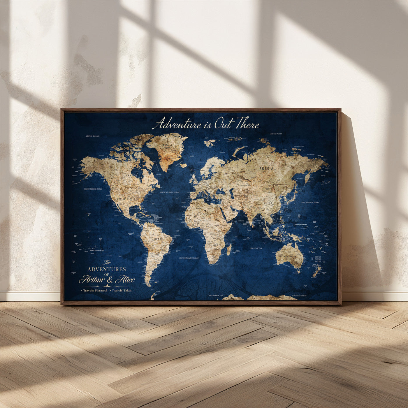 71052542-MGV-CV-36X24-Personalized World Map Wall Art – Rustic Navy Blue Adventure Travel Map with Custom Couple Names, Vintage Wall Decor for Home or