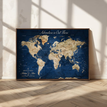 71052542-MGV-CV-36X24-Personalized World Map Wall Art – Rustic Navy Blue Adventure Travel Map with Custom Couple Names, Vintage Wall Decor for Home or
