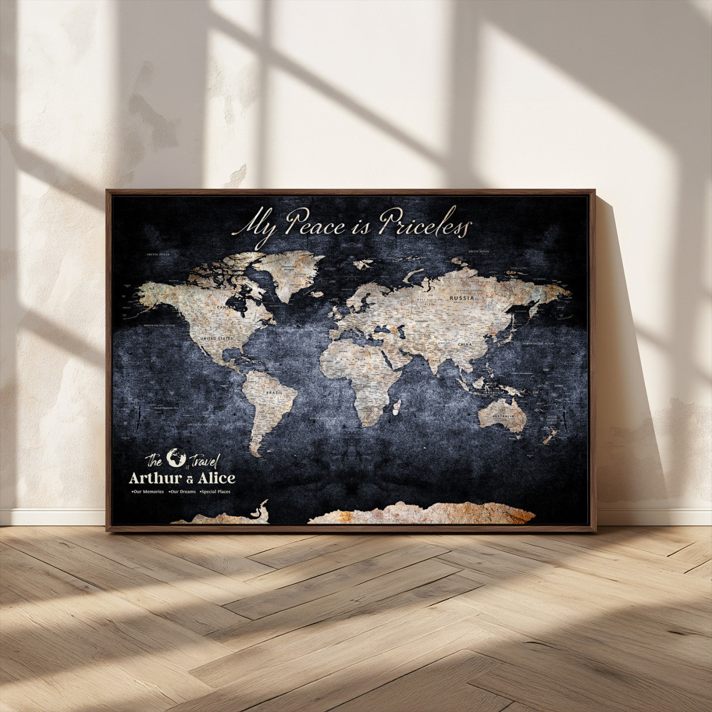 85403043-MGV-CV-36X24-Personalized World Map Wall Art – Dark Blue Rustic Adventure Map with Custom Couple Names, Vintage Wall Decor for Home or Travel
