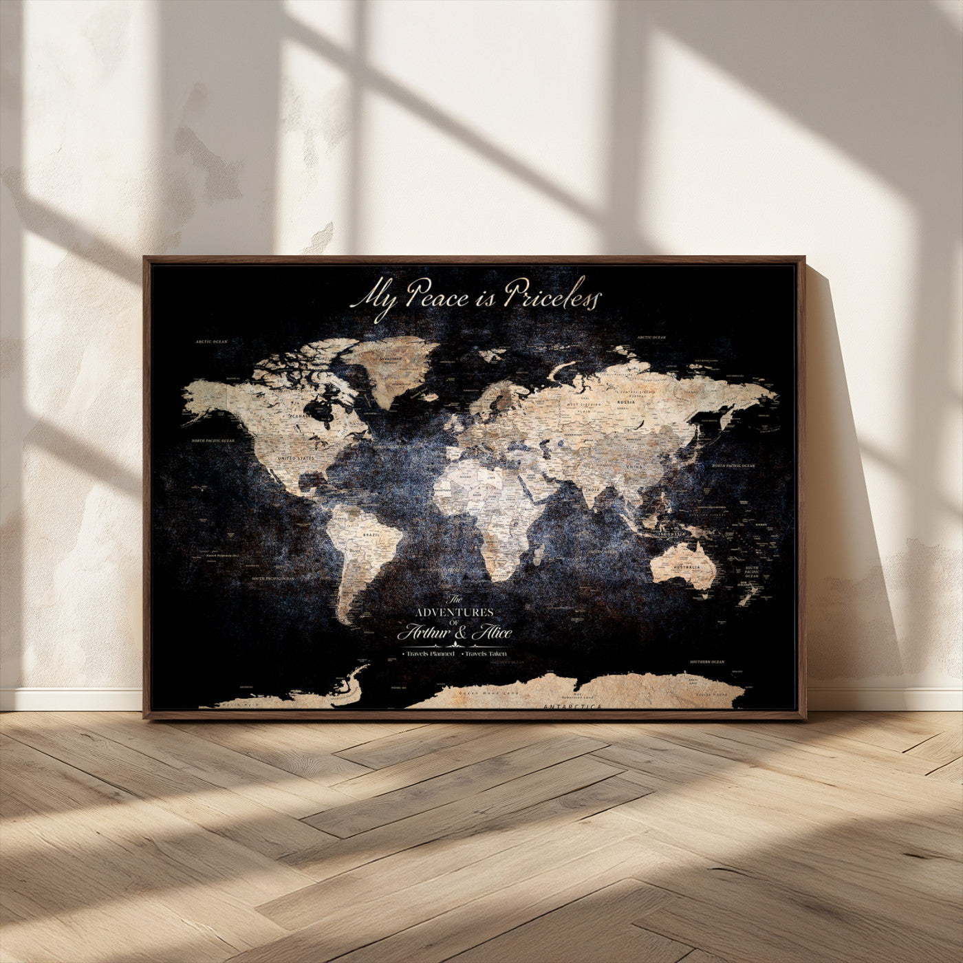 51488142-MGV-FC-36X24_Walnut-Personalized World Map Wall Art – Dark Rustic Adventure Travel Map with Custom Names, Vintage Wall Decor for Couples, Families or