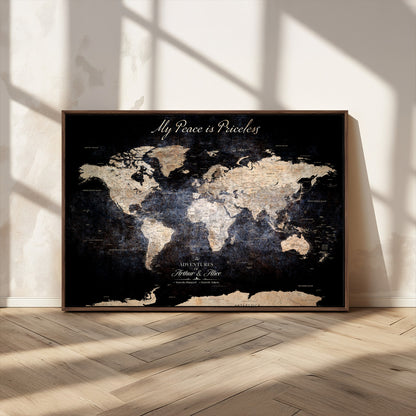 51488142-MGV-FC-36X24_Walnut-Personalized World Map Wall Art – Dark Rustic Adventure Travel Map with Custom Names, Vintage Wall Decor for Couples, Families or