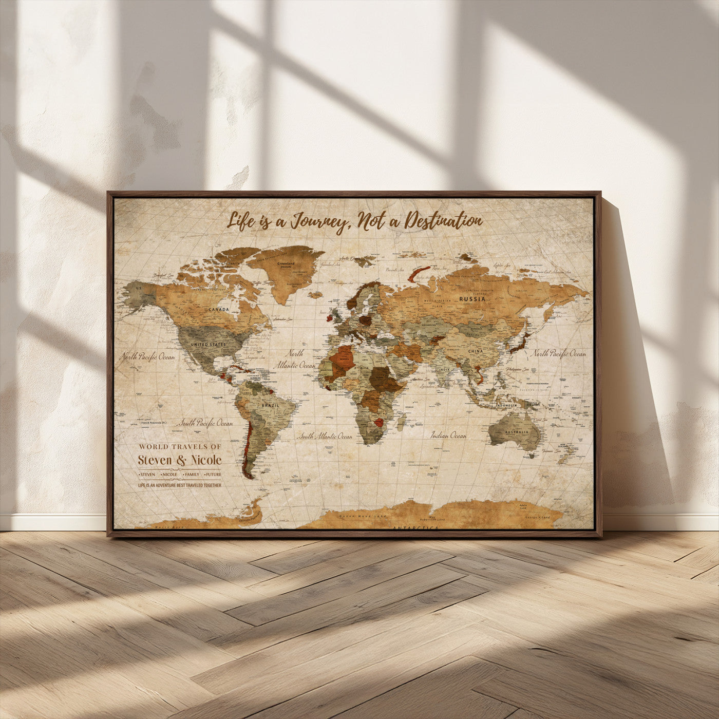 75179116-MGV-FC-36X24_Walnut-Personalized World Map Wall Art – Rustic Vintage Travel Map with Custom Names, Inspirational Adventure Décor for Couples, Families