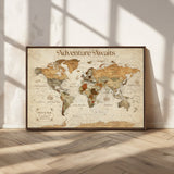 18685073-MGV-CV-36X24-Personalized World Map Wall Art – Antique Vintage Parchment Adventure Awaits Travel Map with Custom Couple Names, Rustic Wall