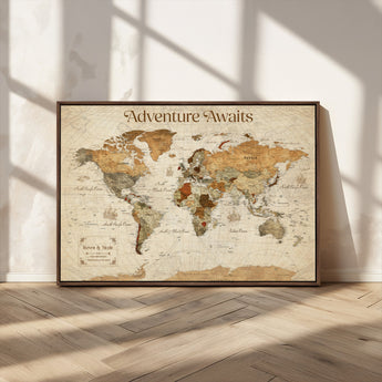 18685073-MGV-CV-36X24-Personalized World Map Wall Art – Antique Vintage Parchment Adventure Awaits Travel Map with Custom Couple Names, Rustic Wall