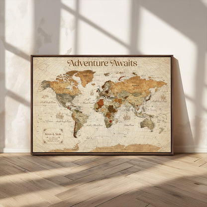 18685073-MGV-CV-36X24-Personalized World Map Wall Art – Antique Vintage Parchment Adventure Awaits Travel Map with Custom Couple Names, Rustic Wall