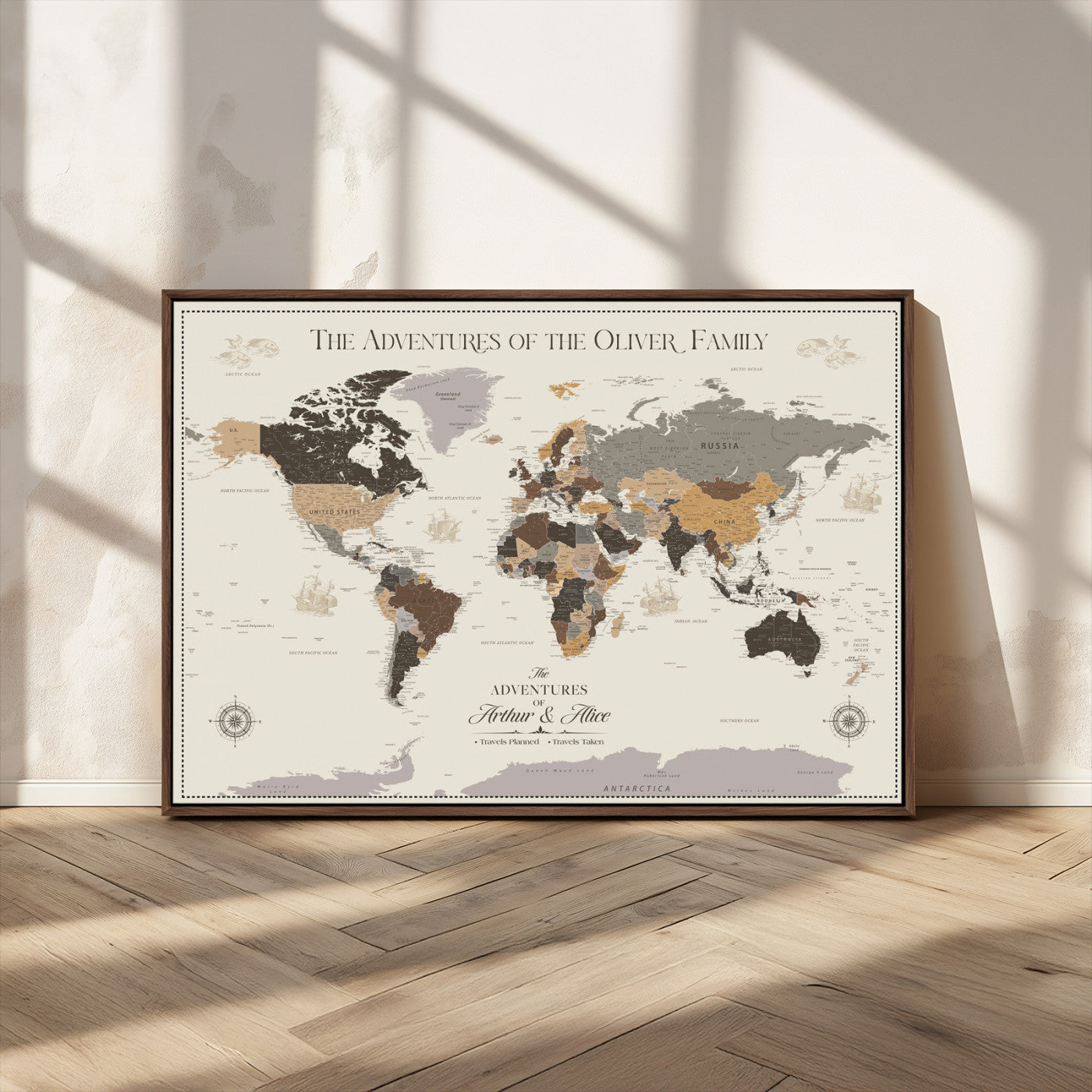 40679469-MGV-CV-36X24-Personalized World Map Wall Art – Neutral Tones Adventure Travel Map with Custom Family Names, Rustic Wall Decor for Living Room