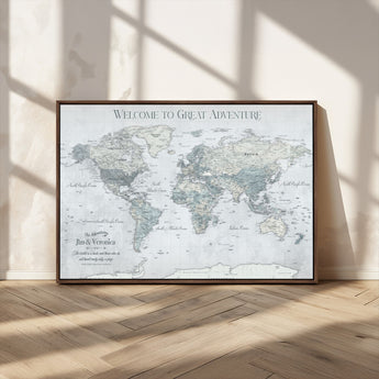 70605050-MGV-CV-36X24-Personalized World Map Wall Art – Cool Gray Adventure Travel Map with Custom Names, Elegant Push Pin Canvas for Couples, Family