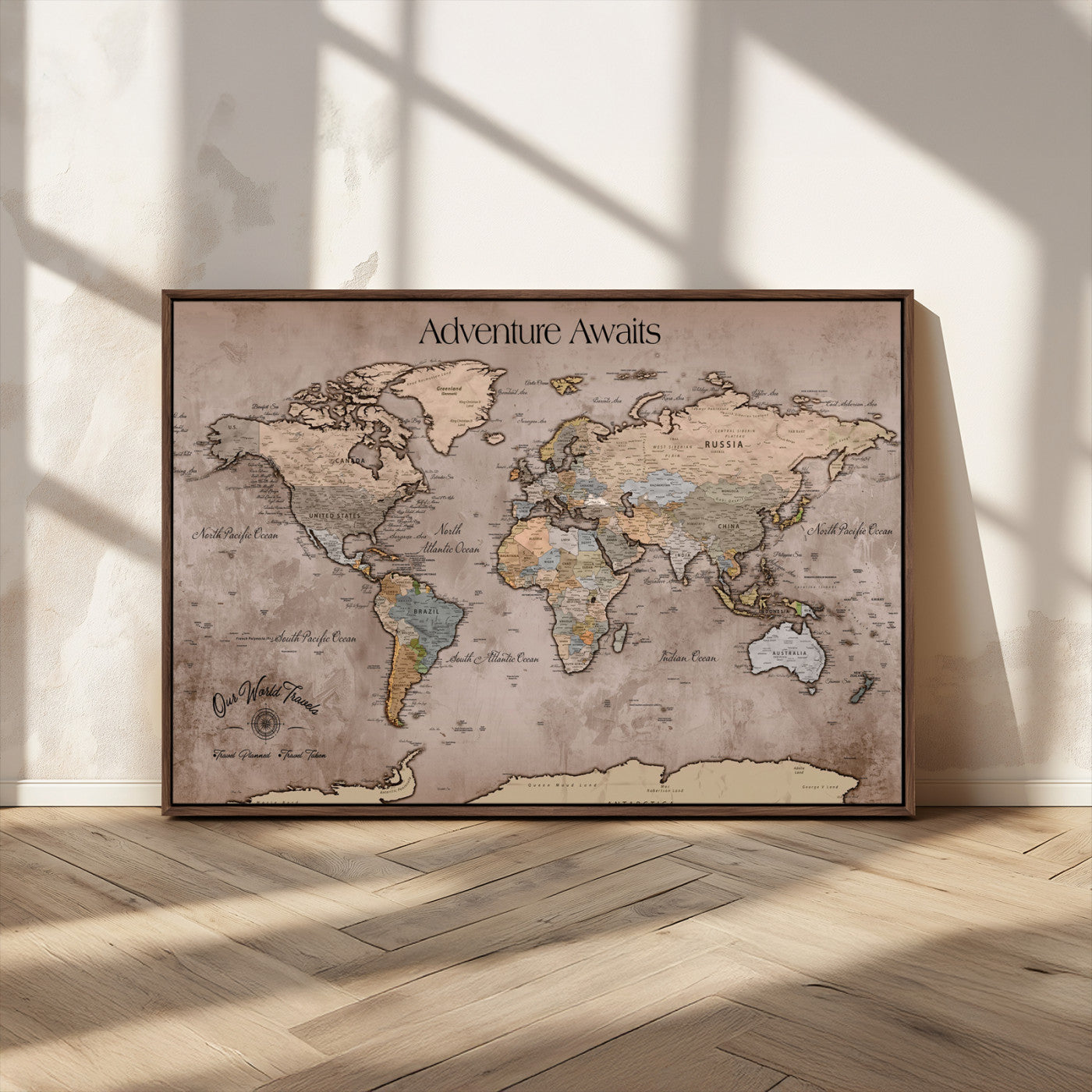 93226713-MGV-CV-36X24-Personalized World Map Wall Art – Adventure Awaits Rustic Earth-Tone Travel Map with Custom Names, Vintage Wall Decor for Couples,
