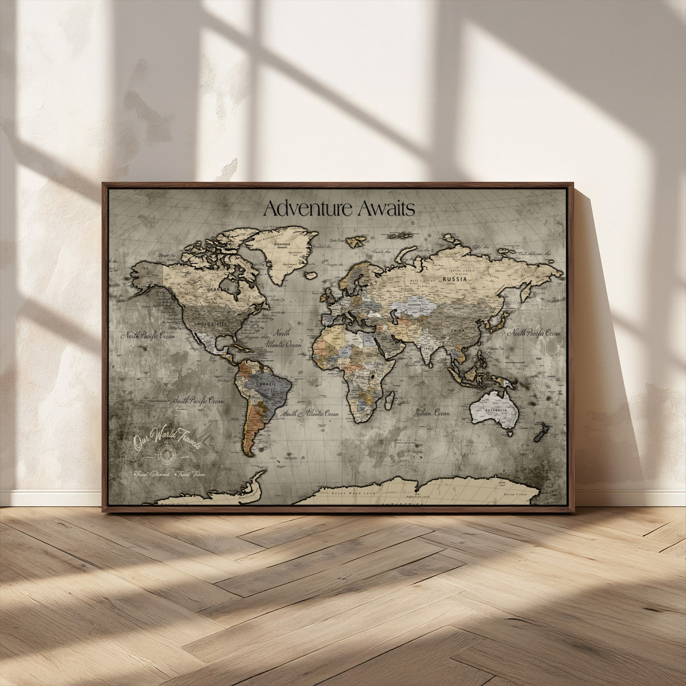 72658967-MGV-CV-36X24-Personalized World Map Wall Art – Adventure Awaits Rustic Sepia Travel Map with Custom Names, Vintage Wall Decor for Couples, Home