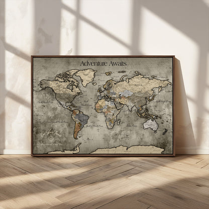72658967-MGV-CV-36X24-Personalized World Map Wall Art – Adventure Awaits Rustic Sepia Travel Map with Custom Names, Vintage Wall Decor for Couples, Home