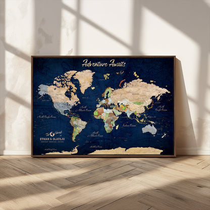 80965072-MGV-CV-36X24-Personalized World Map Wall Art – Adventure Awaits Navy Blue Travel Map with Custom Names, Rustic Vintage Wall Decor for Couples,