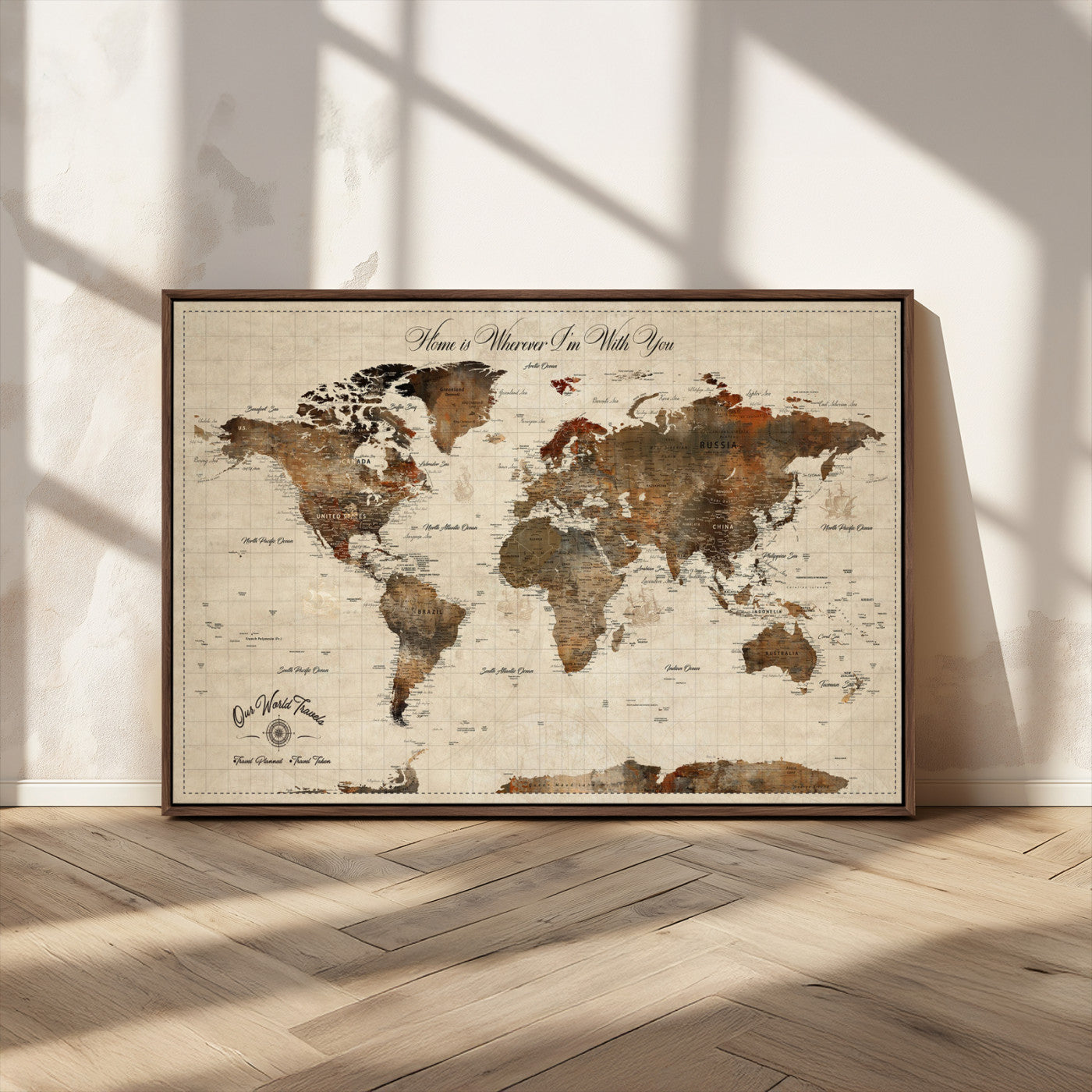 48225643-MGV-FC-36X24_Walnut-Personalized World Map Wall Art – Rustic Vintage Adventure Travel Map with Custom Couple Names, Romantic Wall Decor for Home or