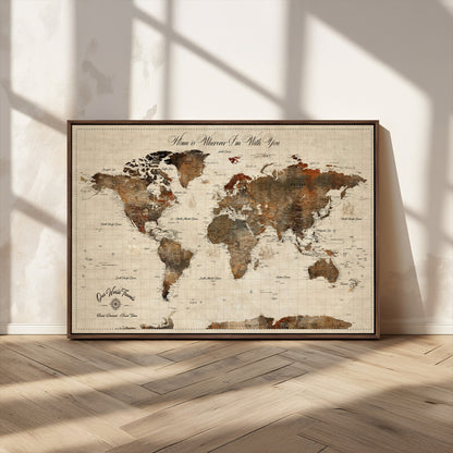 48225643-MGV-FC-36X24_Walnut-Personalized World Map Wall Art – Rustic Vintage Adventure Travel Map with Custom Couple Names, Romantic Wall Decor for Home or