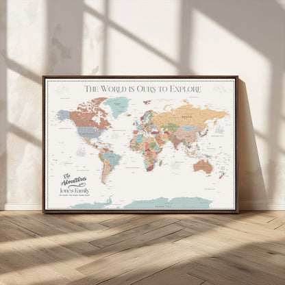 69180591-MGV-FC-36X24_Walnut-Personalized World Map Wall Art – Rustic Vintage Adventure Travel Map with Custom Family Names, Unique Wall Decor for Couples,