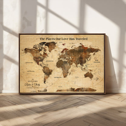50680593-MGV-CV-36X24-Personalized World Map Wall Art – Rustic Brown Adventure Travel Map with Custom Names, Elegant Push Pin Canvas for Couples Home,