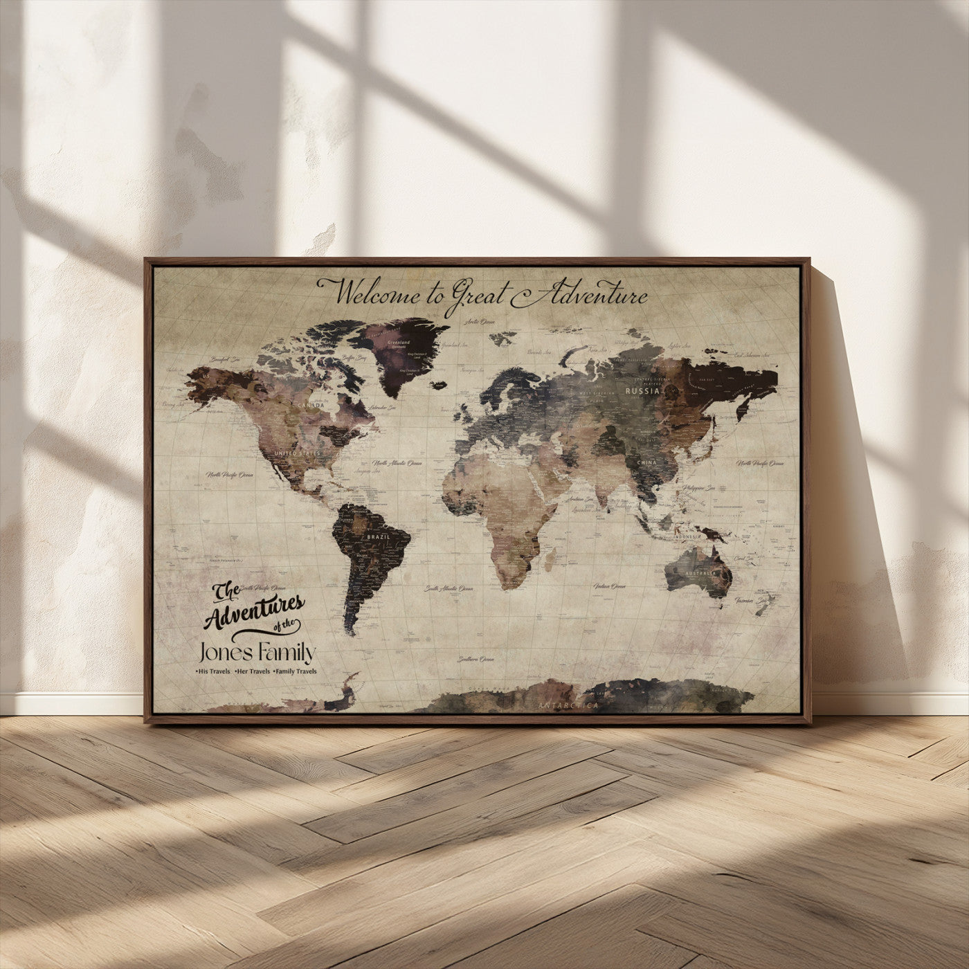 78610079-MGV-CV-36X24-Personalized World Map Wall Art – Vintage Rustic Travel Map with Custom Family Name, Adventure Wall Decor for Home, Family Gift or