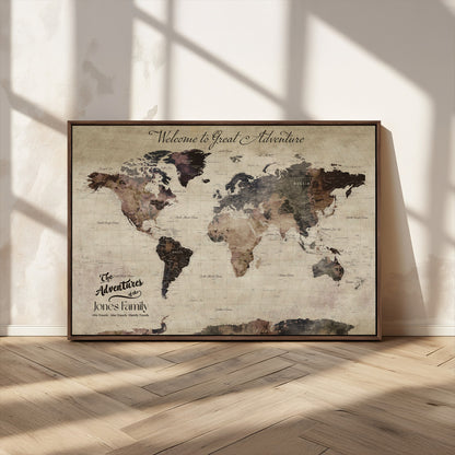 78610079-MGV-CV-36X24-Personalized World Map Wall Art – Vintage Rustic Travel Map with Custom Family Name, Adventure Wall Decor for Home, Family Gift or