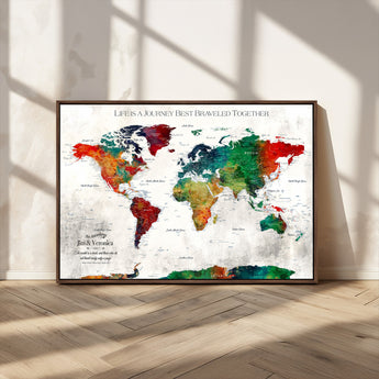 95876117-MGV-CV-36X24-Personalized World Map Wall Art – Colorful Watercolor Travel Map with Custom Names, Romantic Wall Decor for Couples, Wedding or
