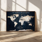13231361-MGV-CV-36X24-Personalized World Map Wall Art – Navy Blue Vintage Adventure Travel Map with Custom Names, Elegant Push Pin Canvas for Couples