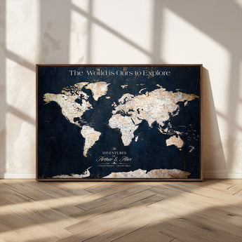 13231361-MGV-CV-36X24-Personalized World Map Wall Art – Navy Blue Vintage Adventure Travel Map with Custom Names, Elegant Push Pin Canvas for Couples