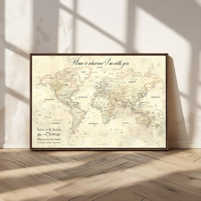 57950315-MGV-CV-36X24-Personalized World Map Wall Art – Vintage Beige Travel Map with Custom Names, Romantic Anniversary Gift for Couples, Adventure