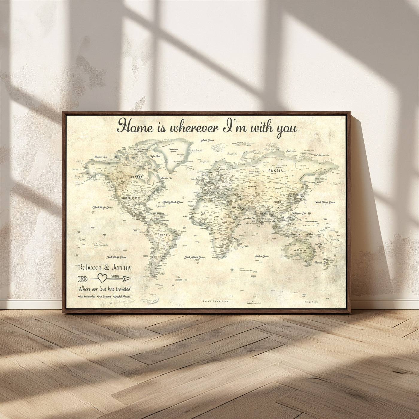 35009043-MGV-FC-36X24_Walnut-Personalized World Map Wall Art – Vintage Beige Travel Map with Custom Names and Date, Romantic Anniversary Gift for Couples Home